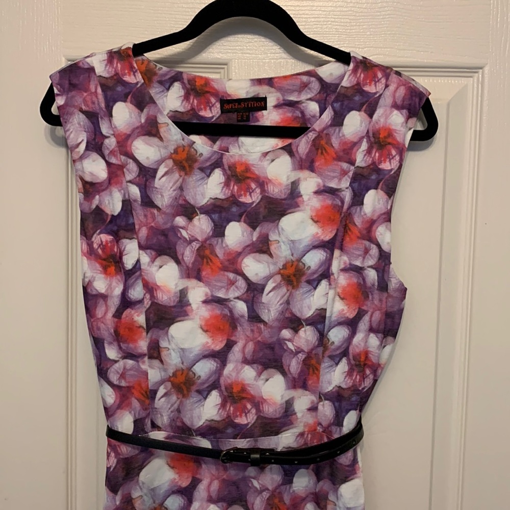 White and Purple Floral Dress - Belted